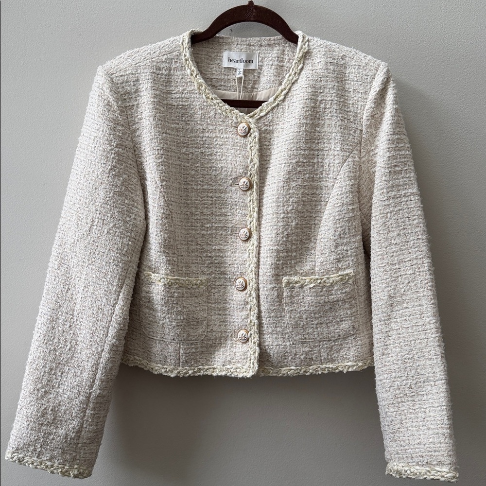 Heartloom Cream Ivory Tweed Blazer Wool Blend Decorative Buttons Gold Accent - Picture 10 of 15